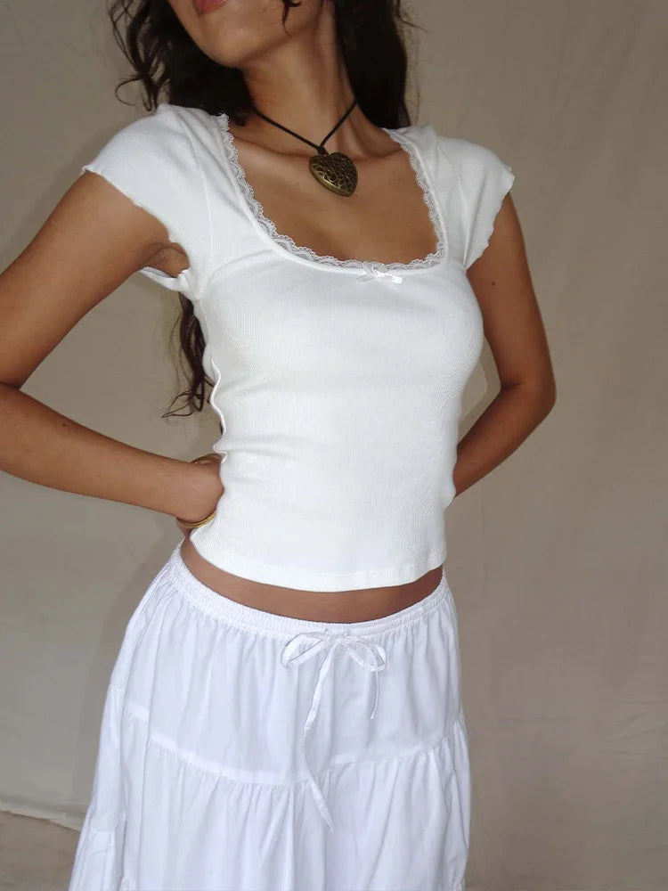Y2K Vintage Lace Trim Baby Tee - Cottage Style Square Neck Knitted Crop Top for Women Summer Fashion