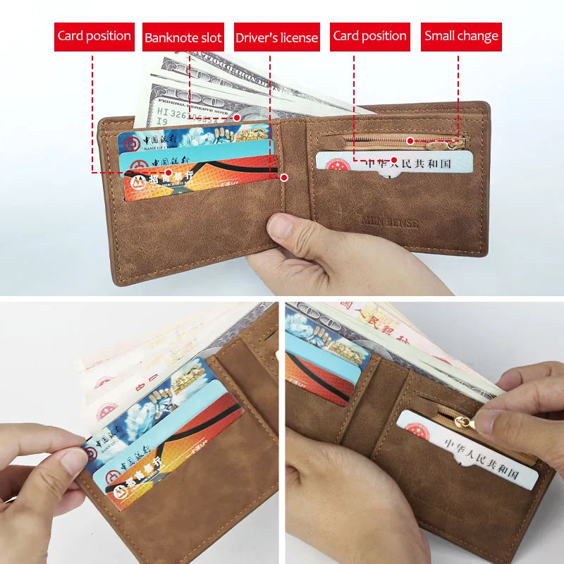 Retro Men’s Leather Wallet – Slim Money Purse with Coin Bag & Zipper, Stylish Dollar Design