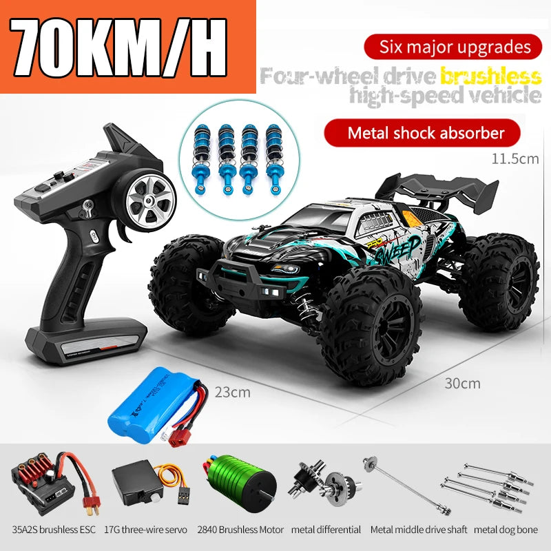RC Off-Road 4x4 Brushless Car – 70KM/H High-Speed 1/16 4WD Monster Truck with LED Lights for Kids