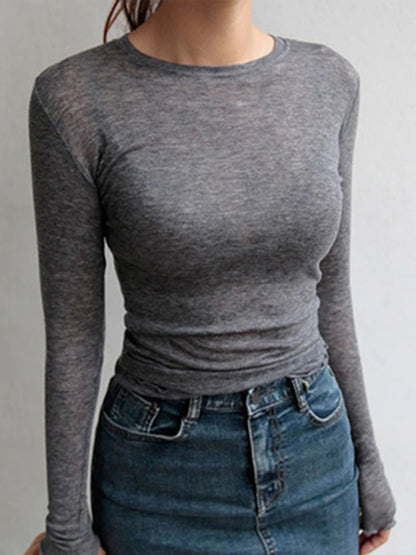 Women’s Long Sleeve Sheer Basic T-Shirt – Elastic Slim Fit Casual Thin Sexy Top Solid Color Everyday Wear