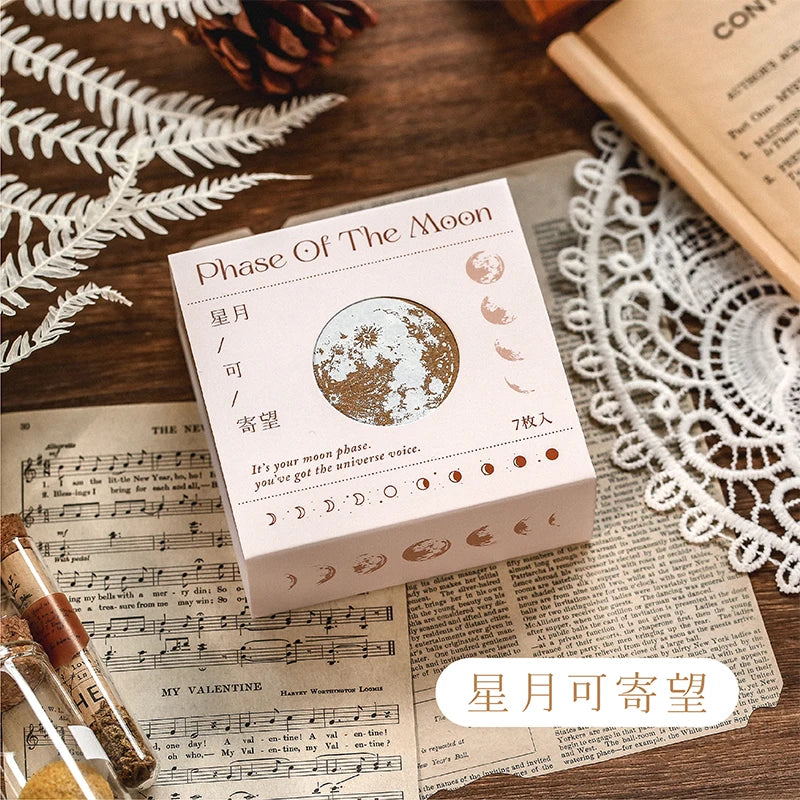 Yoofun 7-Piece Vintage Moon & Plant Wooden Stamps — Rubber Stamps for Scrapbooking, DIY Craft & Stationery