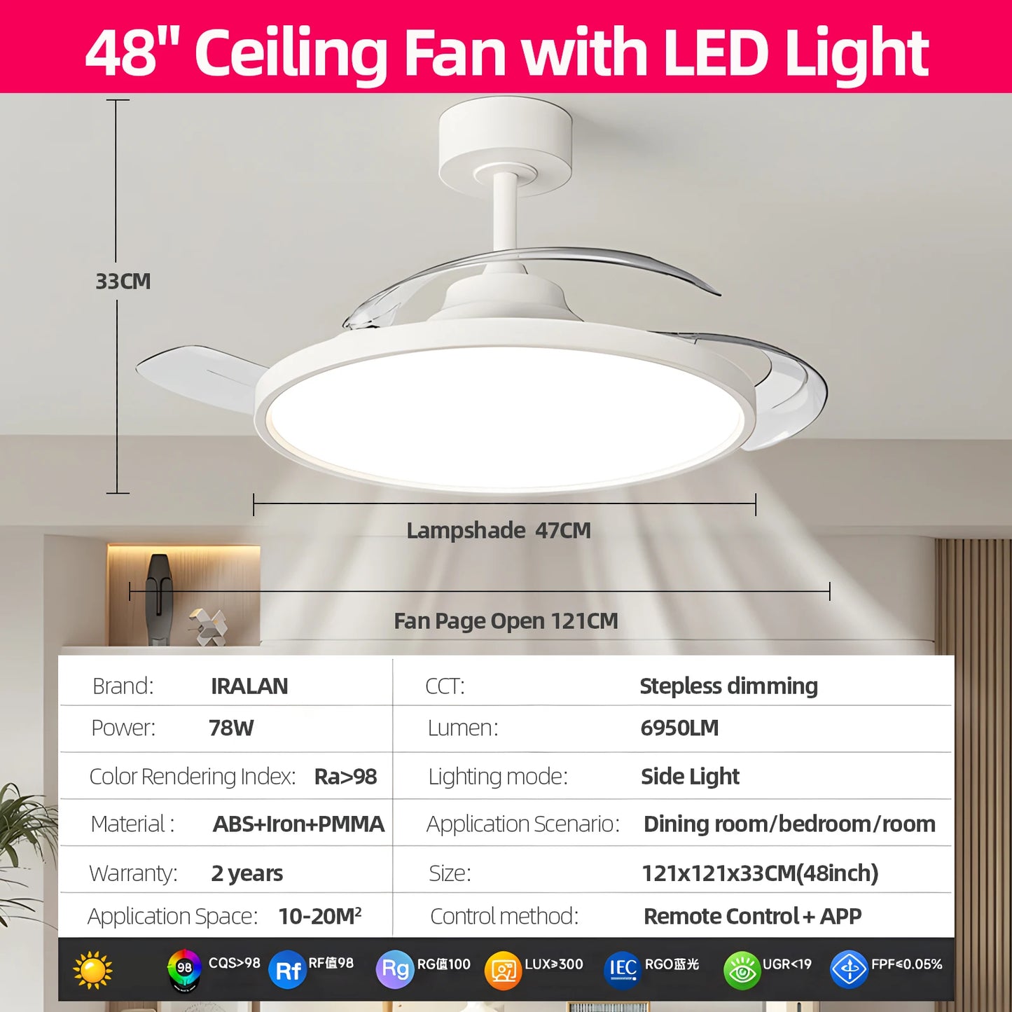 Modern Invisible Ceiling Fan with LED Light - DC Motor, Large Air Volume & Remote Control for Bedroom and Dining Room