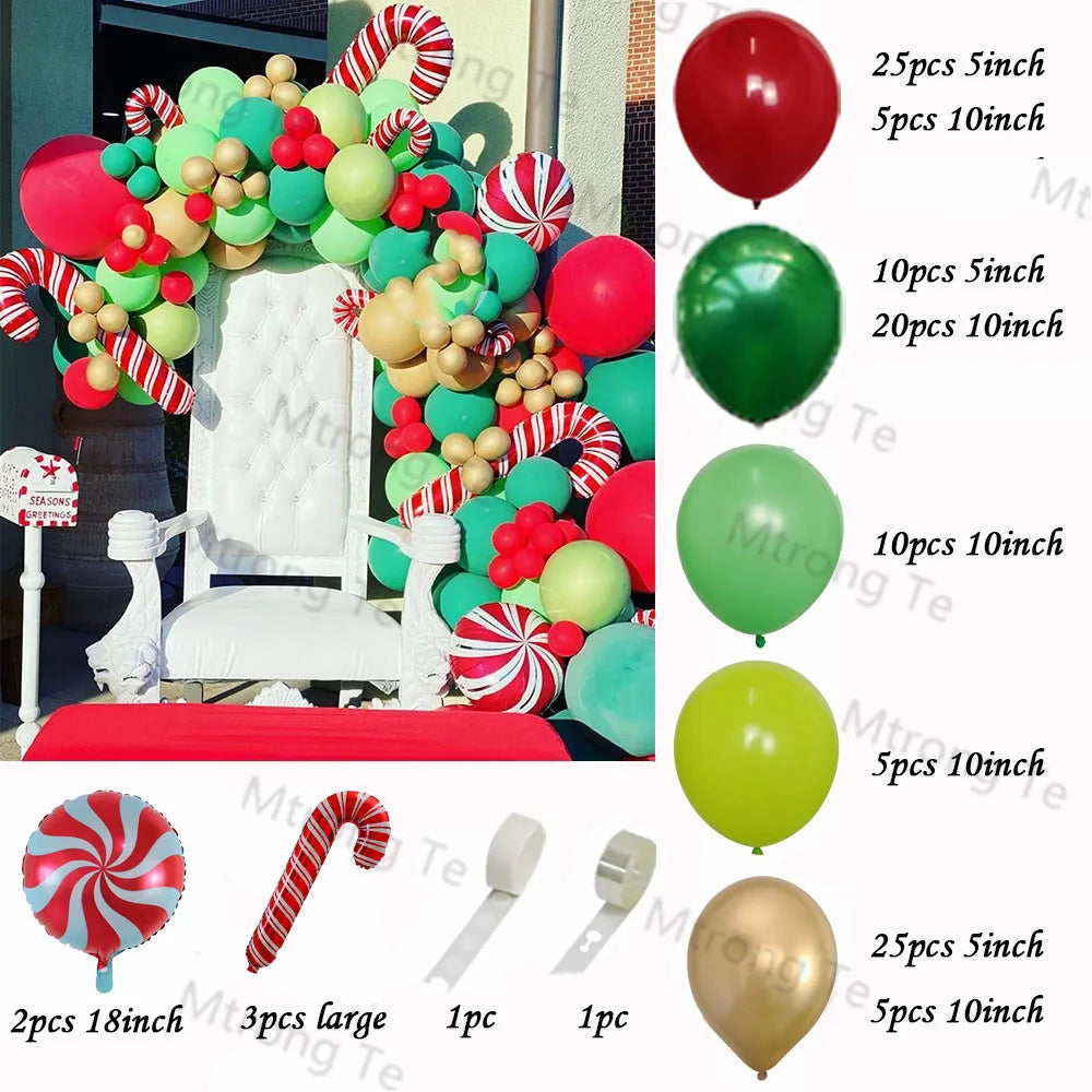 Christmas Balloon Garland Arch – Red & Green Balloons, Star, Santa, and Gift Box Foil Balloons for Xmas and New Year Decoration