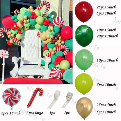 Christmas Balloon Garland Arch – Red & Green Balloons, Star, Santa, and Gift Box Foil Balloons for Xmas and New Year Decoration