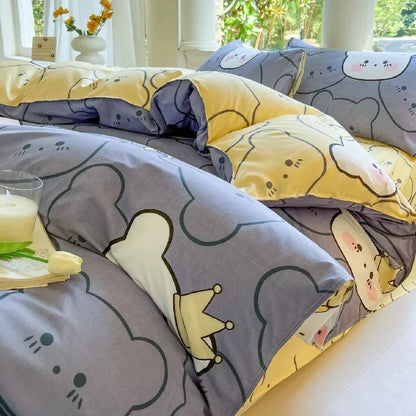 Kawaii Bear & Dog Printed Bedding Set – Floral Duvet Cover with Pillowcases, Full/Queen/King Bed Linen Quilt Sheets