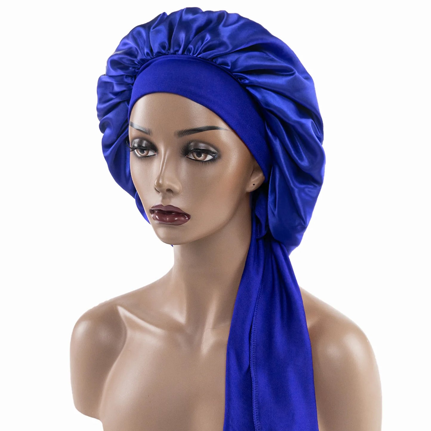 Satin Nightcap for Women - Wide Stretch, Extra-Large Long Tail, Shower Cap with Ribbon, Round Hat Hair Bonnet
