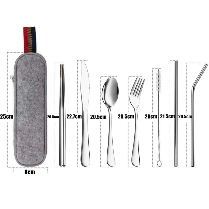 8-Piece Reusable Travel Cutlery Set — Stainless Steel Spoon, Fork, Chopsticks & Straw with Portable Case