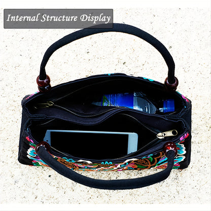 Embroidered Canvas Top Handle Bag for Women - Double Layered with Zippered Compartments, Ideal for Work and Play