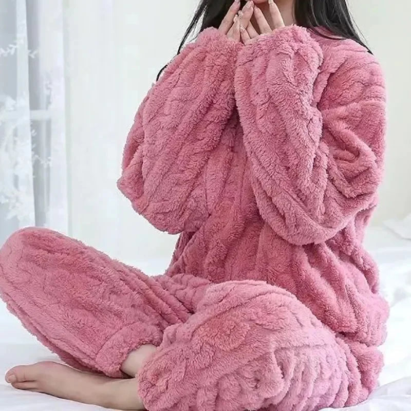 Autumn Women's 2 Piece Warm Velvet Pajama Set – Ribbed Fleece Pullover & Pants, Casual Loungewear (2023)