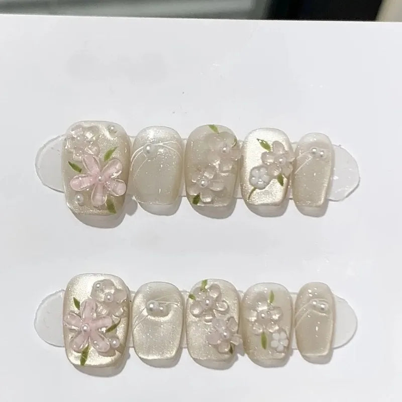 10 Pcs Handmade Short Square Press-On Nails – Full Cover Flower & Cat Eye Ballet False Nails Manicure Tips