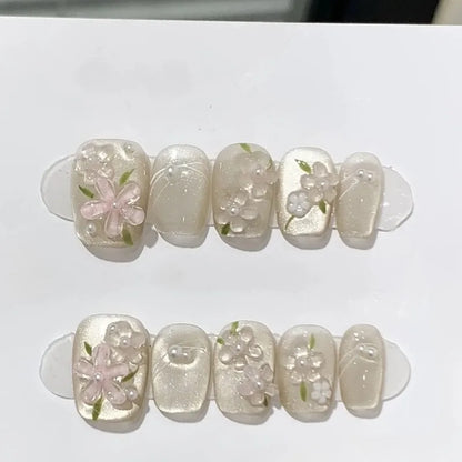 10 Pcs Handmade Short Square Press-On Nails – Full Cover Flower & Cat Eye Ballet False Nails Manicure Tips