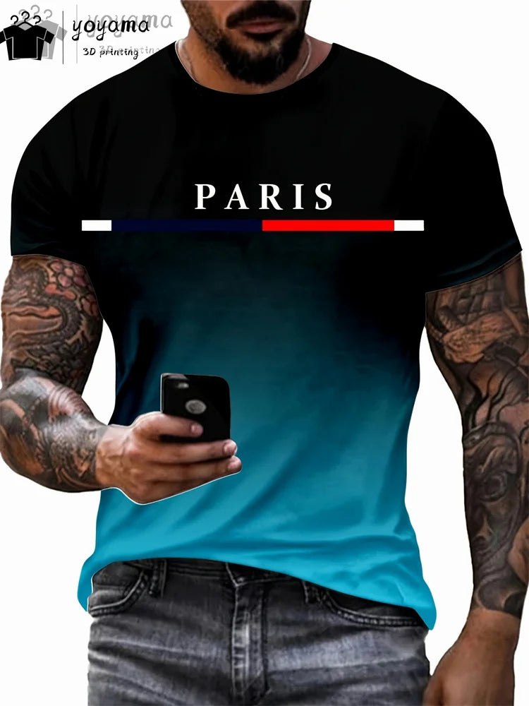 Men's Summer Gradient Print T-Shirt – Fashionable 3D Graphic Round Neck Street & Rock Tops