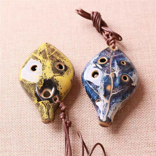Ancient Chinese Style Ocarina - Handmade Six-Hole Leaf Shape Musical Instrument with Lanyard