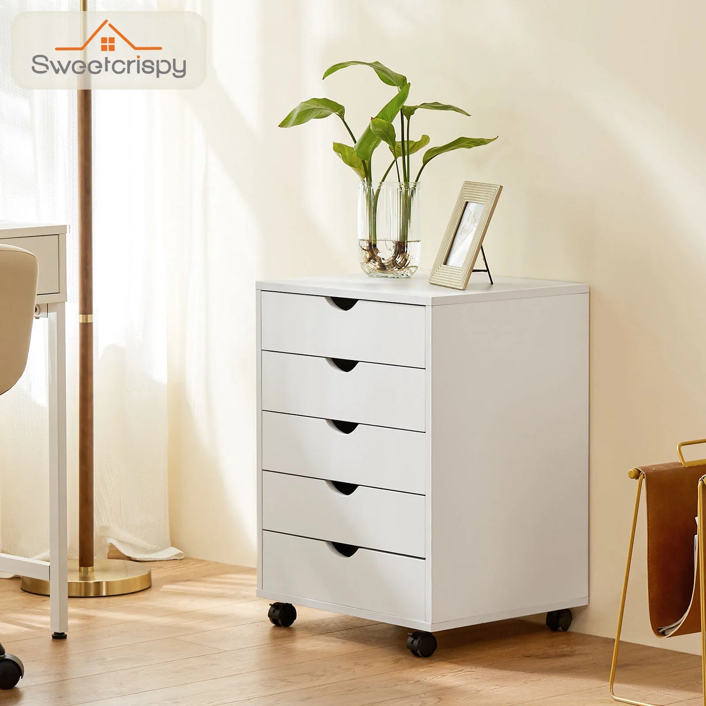 Wood Nightstand Cabinet with 5 Drawers – Waterproof Surface Storage Organizer with Rotating Wheels, Easy-Move Bedside Table for Office