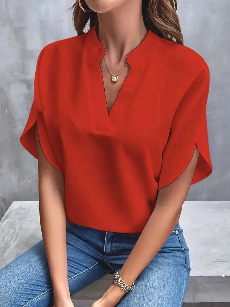 VEITCHE Women’s Summer V-Neck Blouse – Casual Loose Half Sleeve Pullover Shirt for Elegant Office Wear