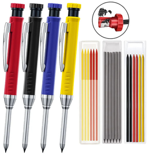 Carpenter Mechanical Pencil Set - 2.8mm Solid Woodworking Pencil With Sharpener & 3 Color Refills For Construction Tools