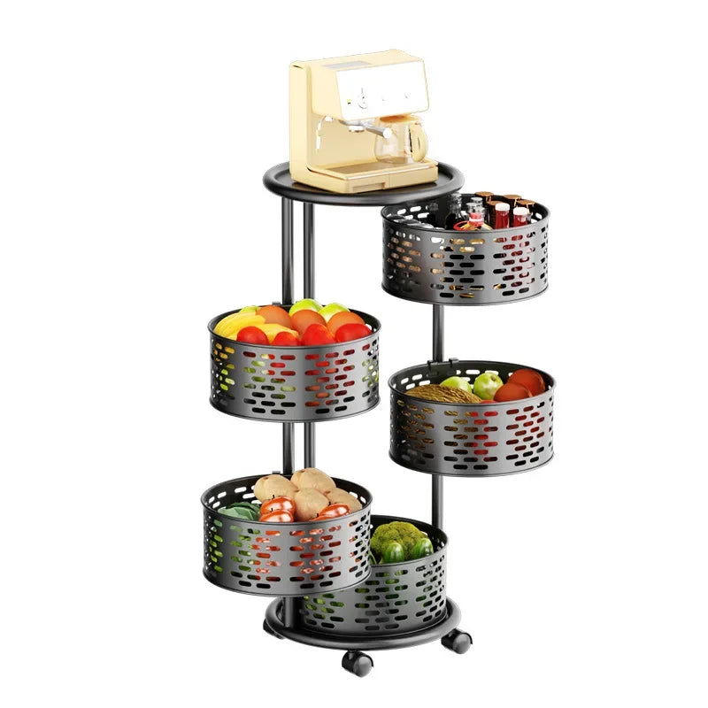 5 Layer Stainless Steel Rotating Shelf - Kitchen & Bathroom Storage Baskets, Fruit & Vegetable Rack with Wheels