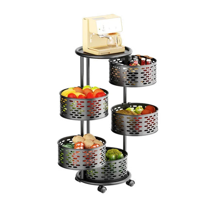 5 Layer Stainless Steel Rotating Shelf - Kitchen & Bathroom Storage Baskets, Fruit & Vegetable Rack with Wheels