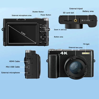 4K Digital Camera – 48MP Photography & Video, Autofocus, Anti-Shake, 3'' 180° Flip Screen with Flash, Compact Vlogging Camera