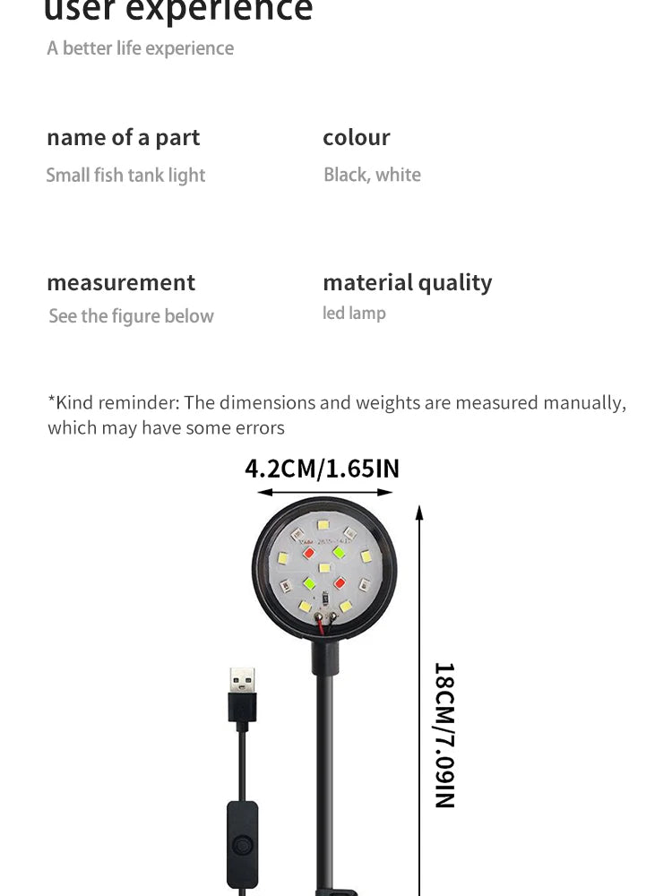 LED Aquarium Light with Adapter – Clip-On Full Spectrum USB Light, 360° Rotating for Fish Tanks