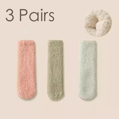 3 Pairs Unisex Plush Slipper Socks — Thick Winter Coral Fleece Cozy Mid-Calf Socks for Couples