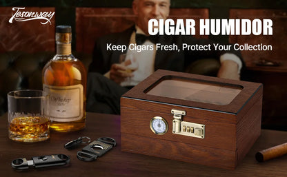 Cedar Wood Cigar Humidor – Glass Top Desktop Cigar Box with Front Hygrometer, Humidifier, Divider, and Accessories Drawer