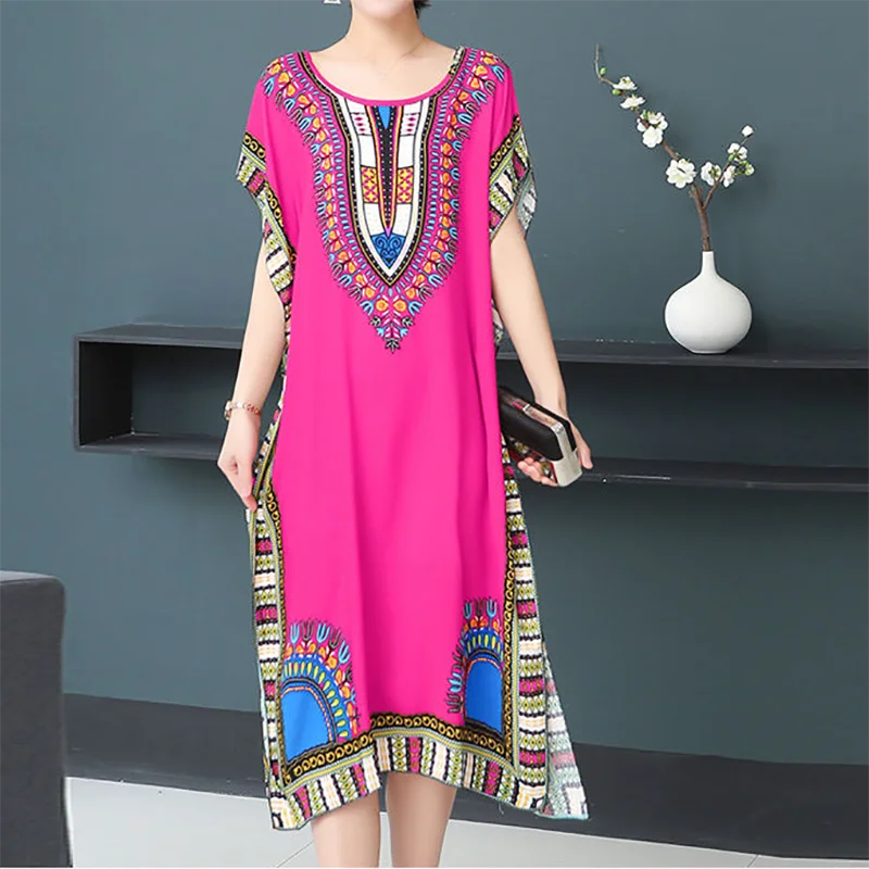 Women’s Bohemian Floral Tunic Dress - Retro Ethnic Print Batwing Sleeve Loose Summer Maternity Streetwear