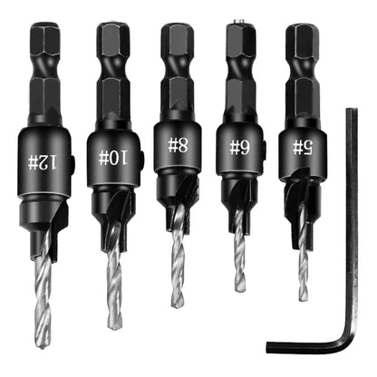 5pcs Countersink Drill Bit Set – Woodworking Pilot Hole Drills for Screw Sizes #5, #6, #8, #10, #12