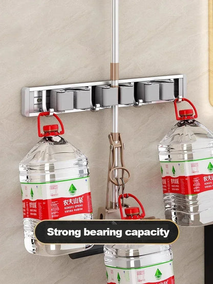 Wall-Mounted Mop & Broom Organizer — Strong Mop Holder Rack with 5 Hooks for Hanging Brooms and Cleaning Tools