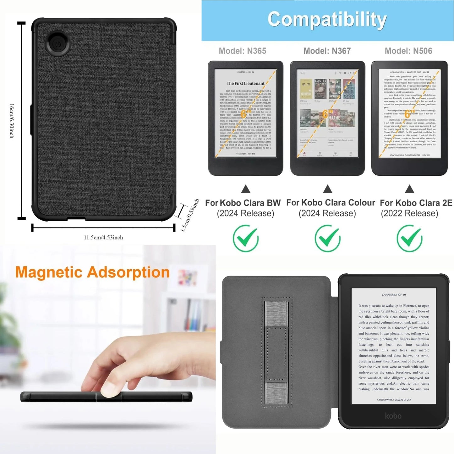 Case for Kobo Clara Colour BW 2024 & 2E – 6" Sleep/Wake Ebook Cover with Hand Strap Holder (N367/N365/N506)