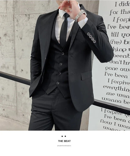 Men’s Business Suit Set — Blazer, Vest & Pants, Slim Fit Solid Color Wedding & Formal Dress Suit, Plus Size