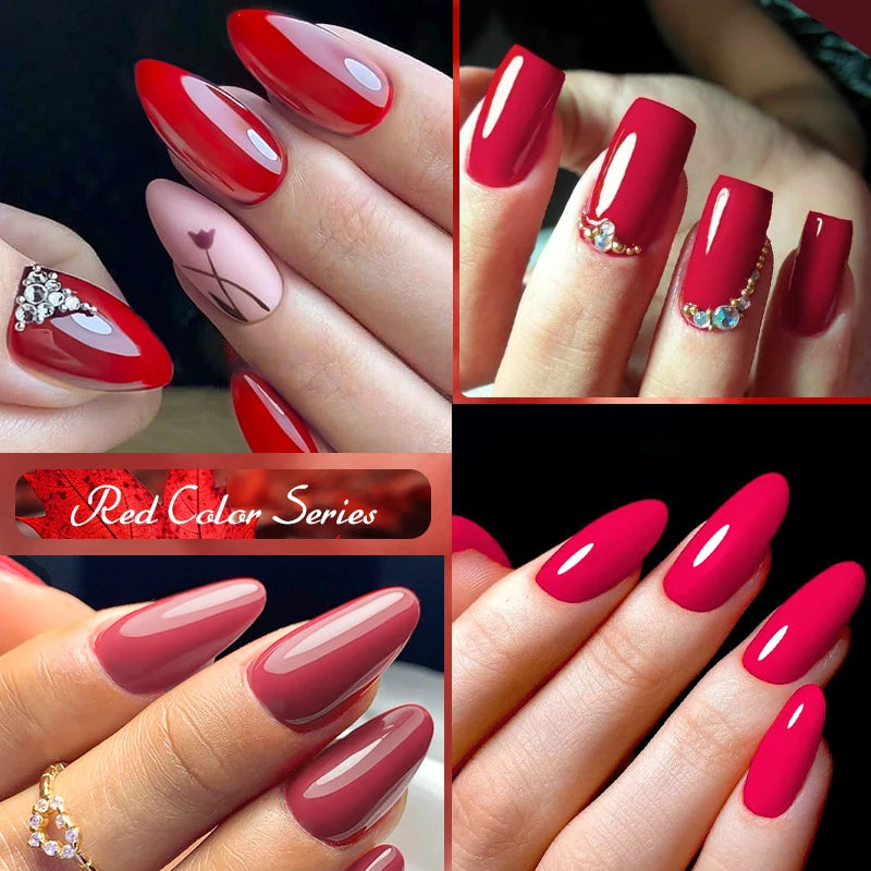 MEET ACROSS 7ml Red Gel Nail Polish – Crystal Semi-Permanent Soak-Off UV Gel, Matte Top Coat and Base Varnish for Nail Art Manicure