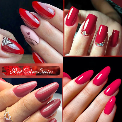 MEET ACROSS 7ml Red Gel Nail Polish – Crystal Semi-Permanent Soak-Off UV Gel, Matte Top Coat and Base Varnish for Nail Art Manicure