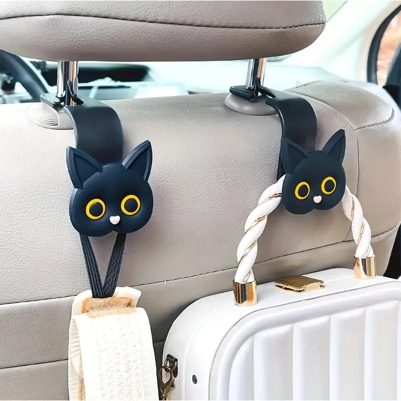 3D Cartoon Cat Car Headrest Hooks - 2-Piece Universal Vehicle Organizer for Bags, Purses & Coats