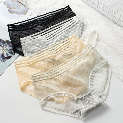Summer Lace Underwear for Women - See-Through Briefs with Low Hollow Out Design - Pure Cotton Mid-Waist Crotch Underwear (SYTa007)