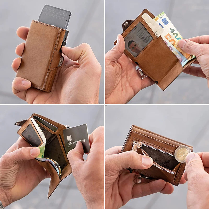 Pop-Up Credit Card Case with RFID Protection – Genuine Leather Wallet for Men & Women, Compartment for Notes and Coins