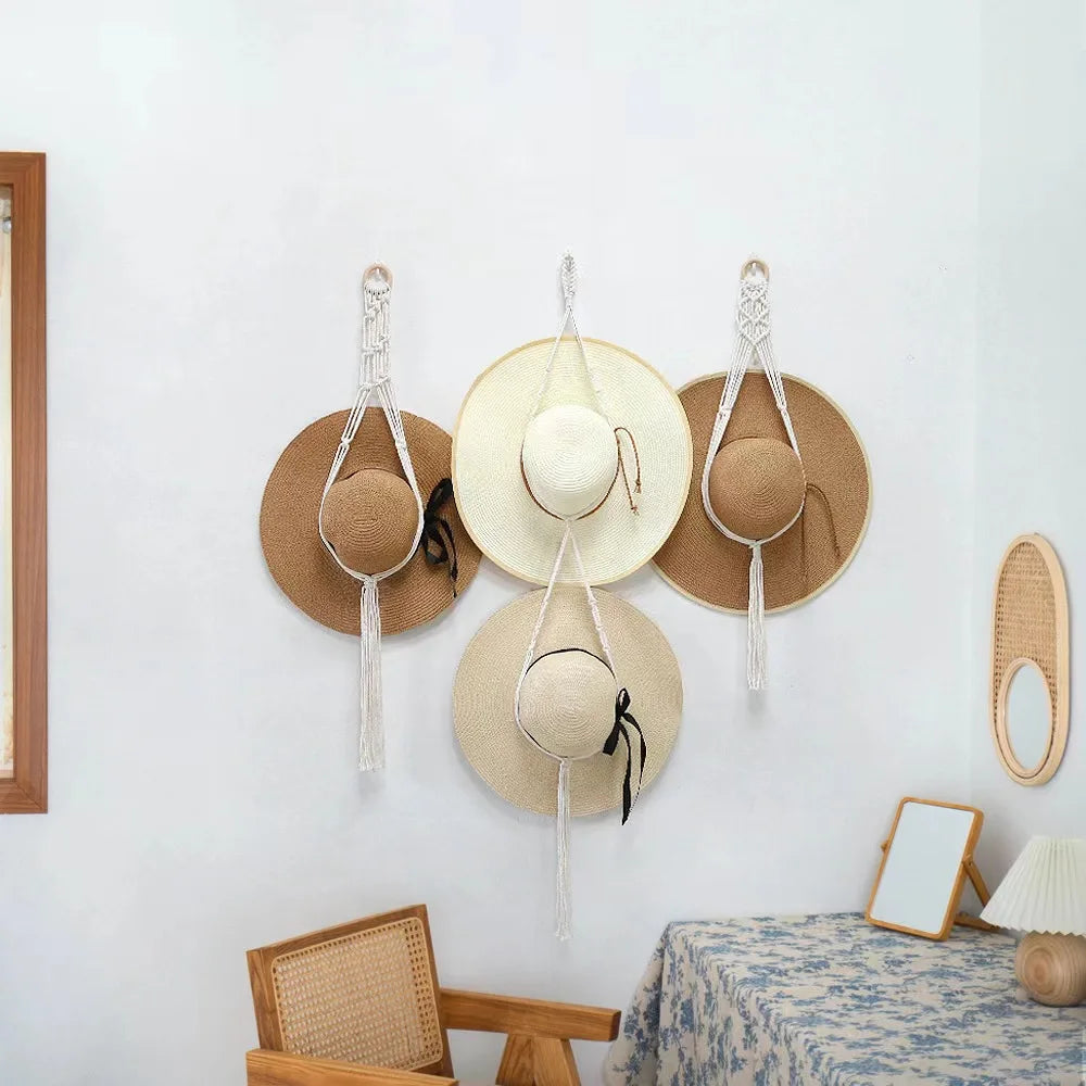 Nordic Boho Cotton Hanging Organizer: Hat & Scarf Storage with Macrame Tapestry Touch