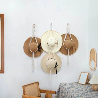 Nordic Boho Cotton Hanging Organizer: Hat & Scarf Storage with Macrame Tapestry Touch
