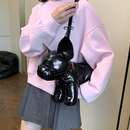 Unisex Bulldog-Shaped PU Leather Shoulder Bag – Adjustable Strap Zipper Satchel for Shopping & Travel