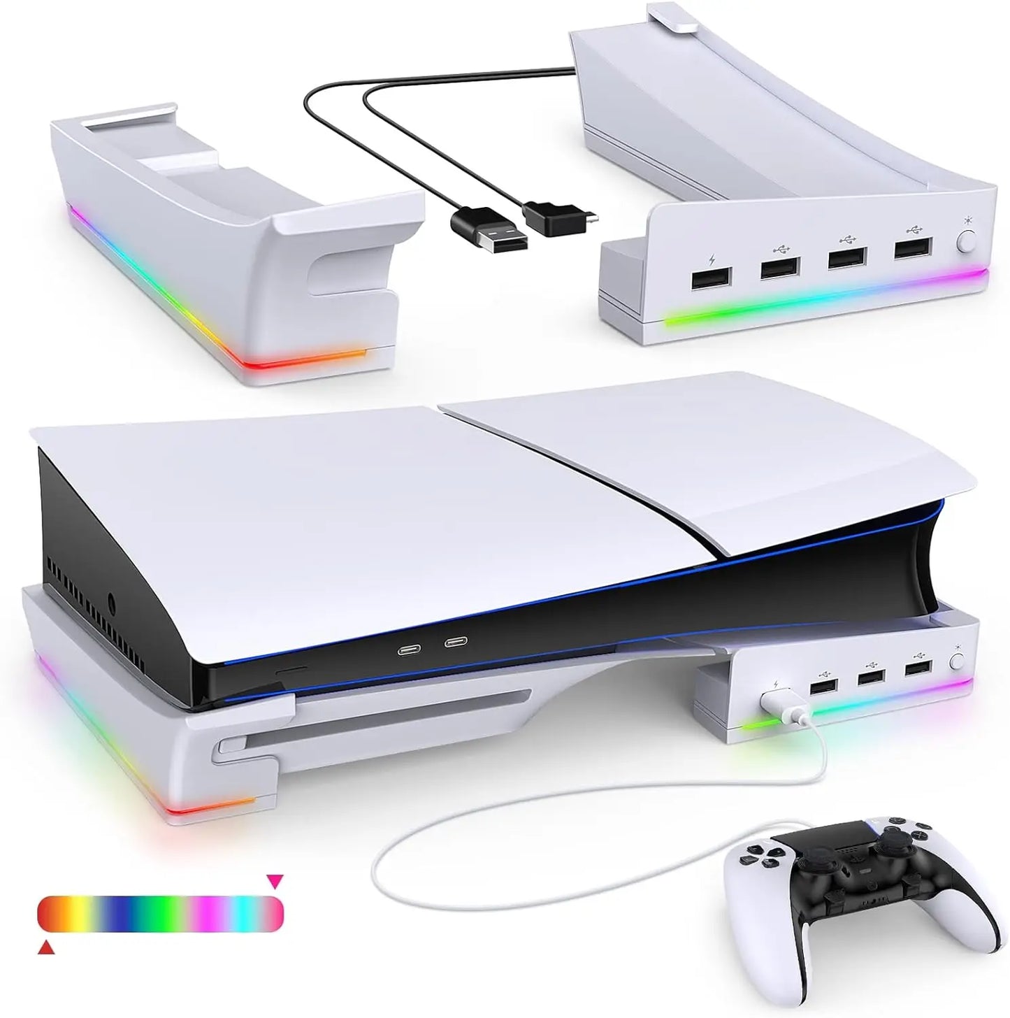 IPEGA Horizontal Stand with RGB LED Light for PS5 Slim - Console Stand Holder with 14 Light Modes and 4 USB Ports