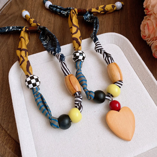 Printed Fabric Choker Necklace - Ethnic Heart Pendant Acrylic Wood Bead Charm Jewelry for Women
