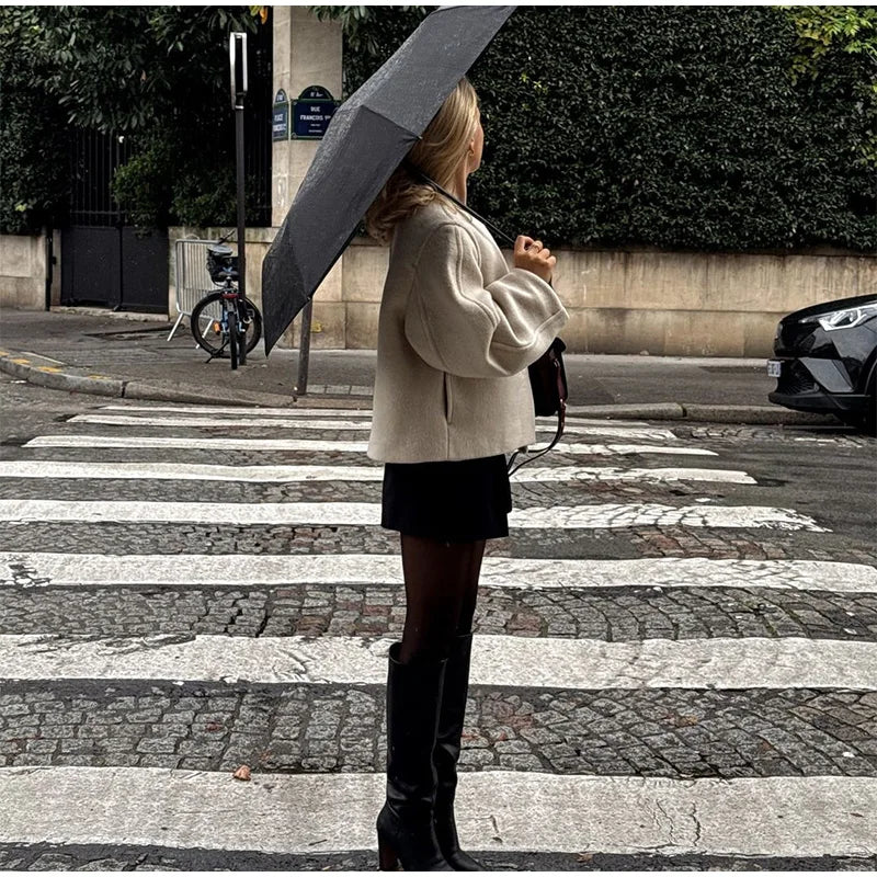 2024 Women's Elegant Solid Wool Blend Cardigan Coat – Round Neck, Single Button, Long Sleeve High Street Outwear