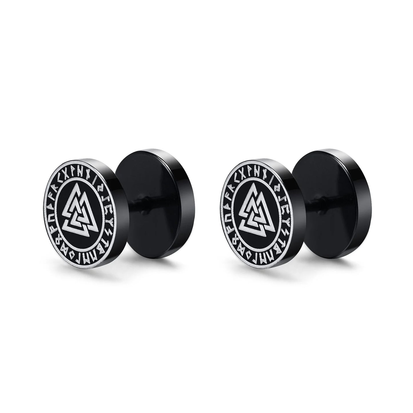 Vnox Men's Viking Black Stud Earrings - Vegvisir & Norse Valknut, Cool Punk Stainless Steel Set