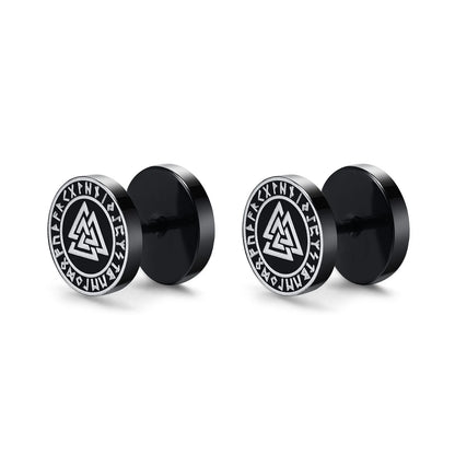Vnox Men's Viking Black Stud Earrings - Vegvisir & Norse Valknut, Cool Punk Stainless Steel Set