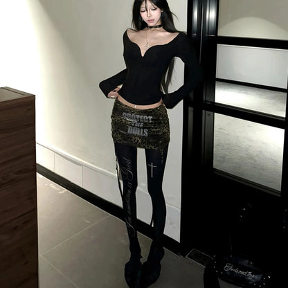 Y2K Letter Print Pantyhose - Black Punk Gothic Lolita Style Tights for Women