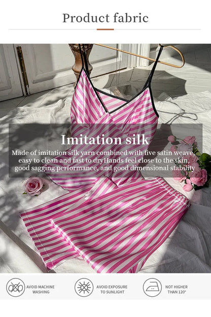 2pcs Women’s Summer Pajama Set – Printed Silk Suspenders Top & Long Pants Breathable Homewear