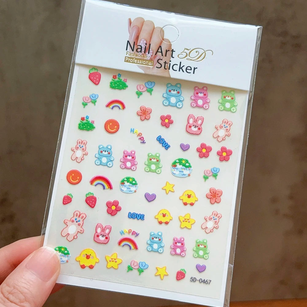 5D Macaron Nail Stickers - Embossed Flower, Fruit, Bear & Rabbit Charms for Summer DIY Manicure Decoration