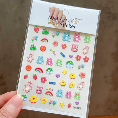 5D Macaron Nail Stickers - Embossed Flower, Fruit, Bear & Rabbit Charms for Summer DIY Manicure Decoration