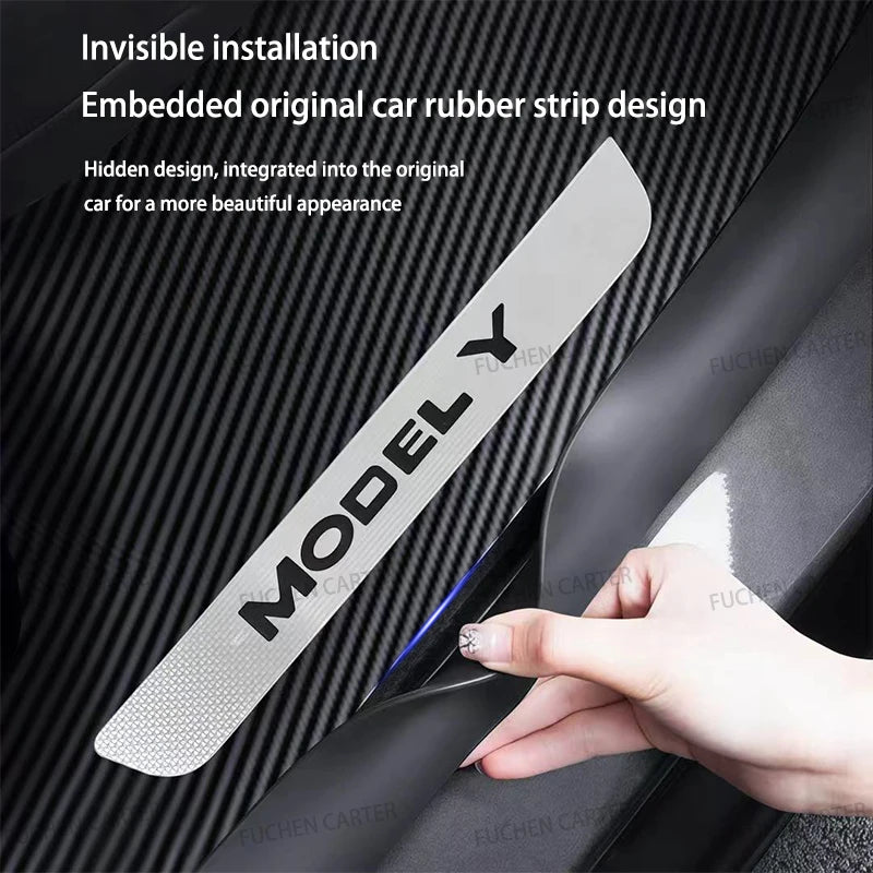 Tesla Model Y Juniper 2025–2026 Metal Logo Door Sill Protectors – Front and Rear Anti-Kick Threshold Guard Strips