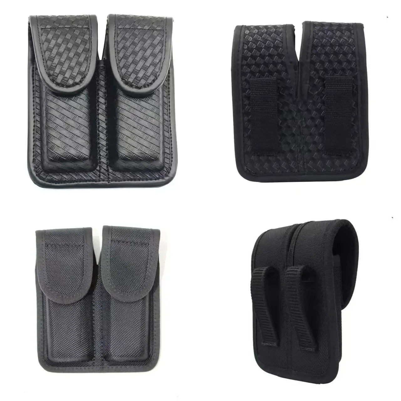 Tactical Black Basketweave Double Magazine Pouch - Leather Handgun Mag Holder with Snap Closure